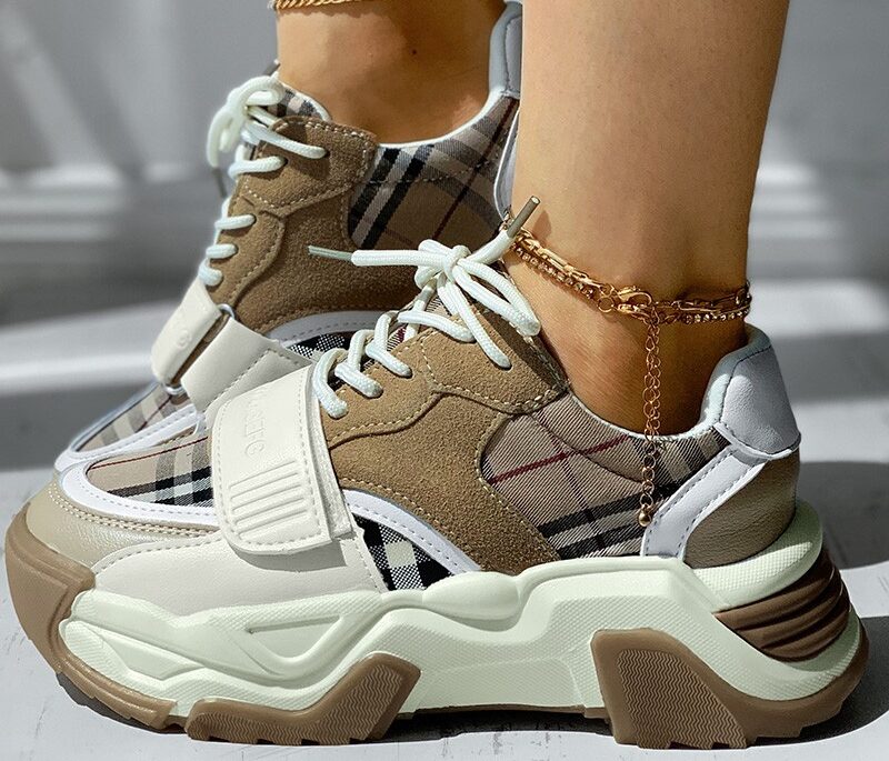 Chicme Plaid Print Velcro Lace-up Muffin Sneakers
