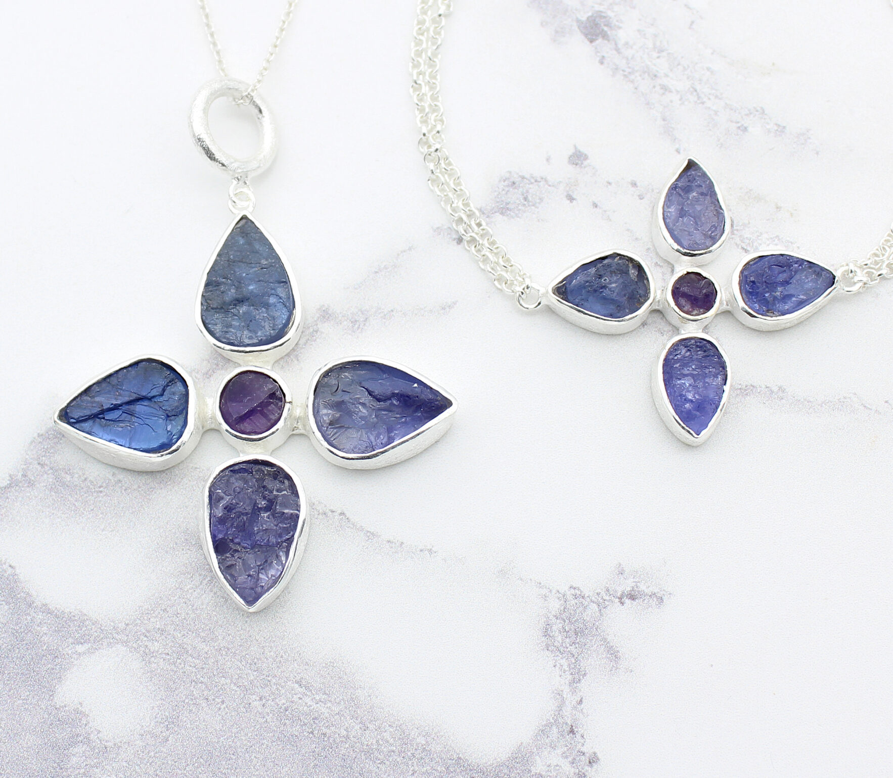 anzanite And Amethyst Gemstone Flower Pendant
