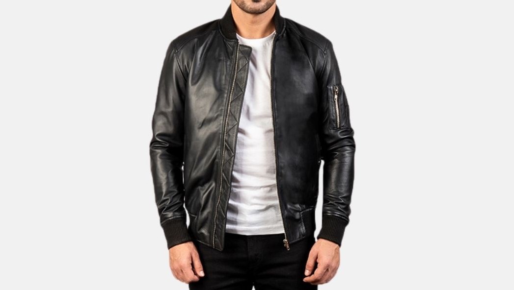 Black Leather Bomber Jacket For Men With Rib-Knit Collar