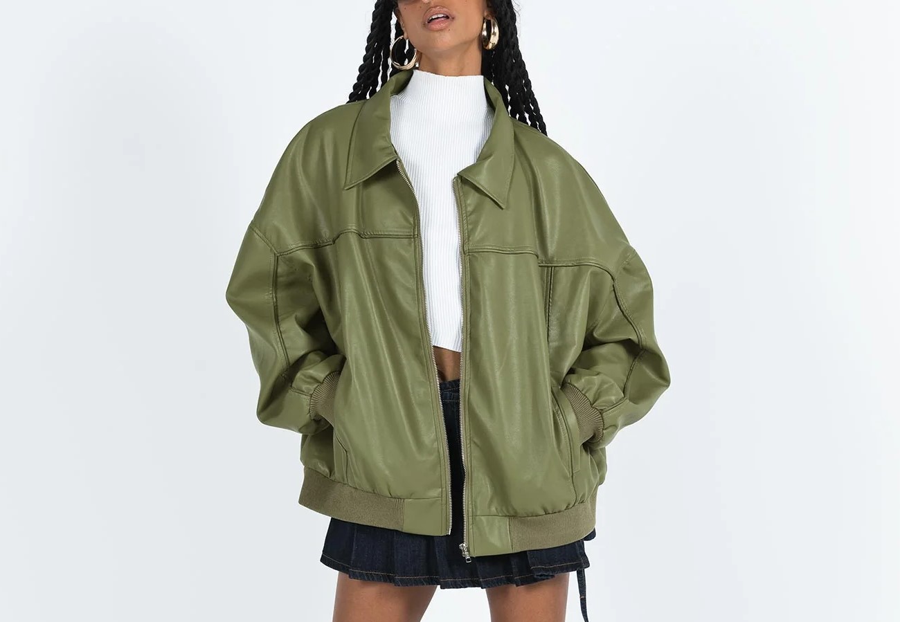 Goldsmith Faux Leather Bomber Jacket Green