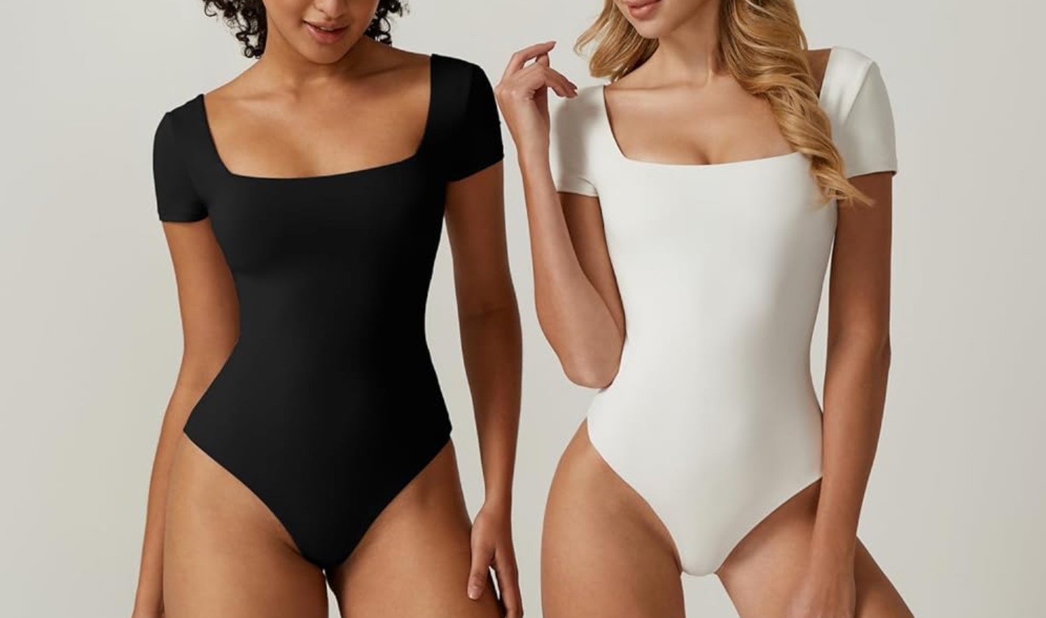 QINSEN Women's Square Neck Short Sleeve Double-Layer Bodysuit Fashion T-Shirt Tops