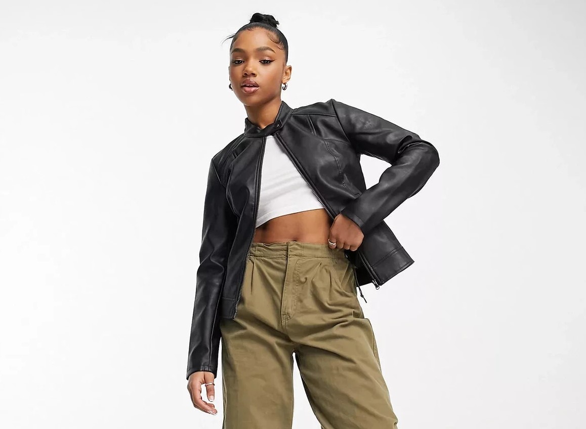 JDY collarless faux leather jacket in black