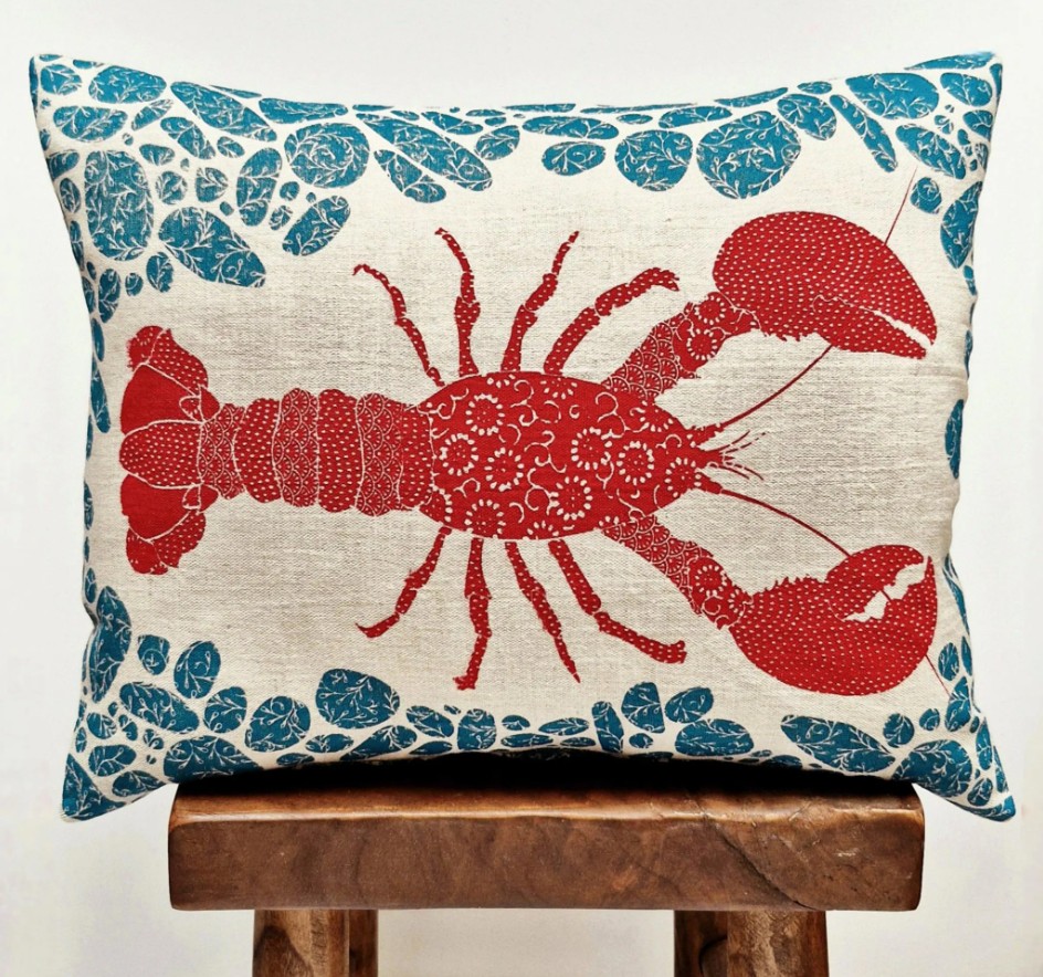 Blue and Red Lobster Embroidered Indoor Outdoor Lumbar Pillow