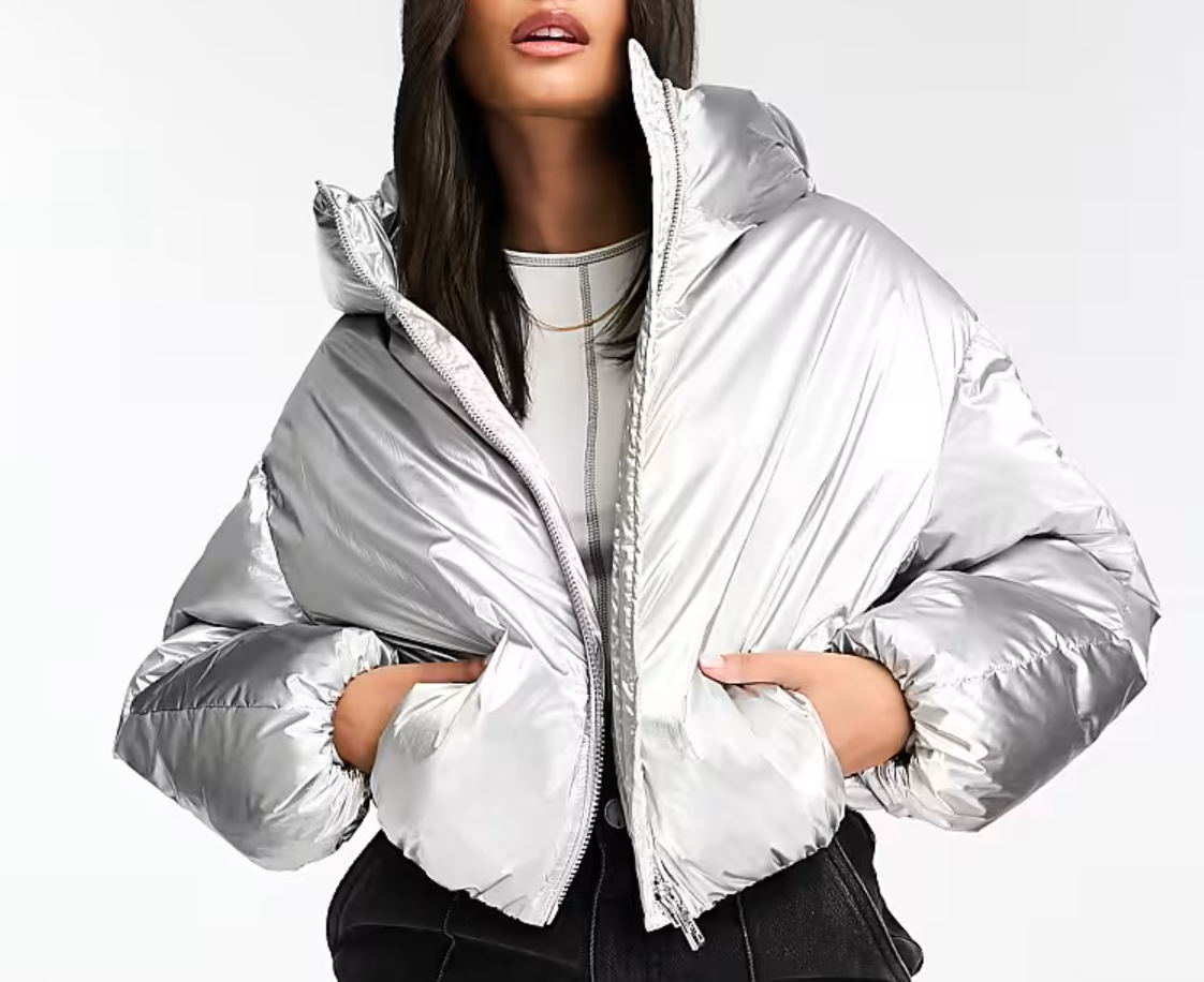 cropped, metallic silver puffer jacket Bershka